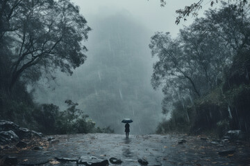 Heavy rain and thunderstorm landscape in the mountains