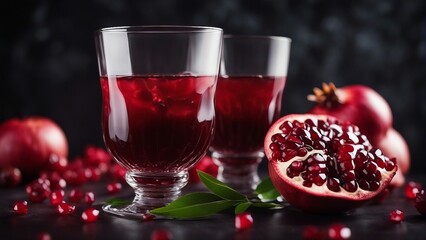 organic pomegranate and pomegranate juice in glass, decorative dark stone background

