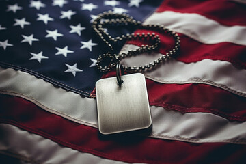 Military dog tag on american flag