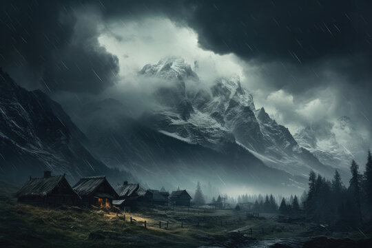 Heavy rain and thunderstorm landscape in the mountains