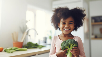 Little beautiful african girl posing with broccoli in the kitchen. Healthy vegan baby foods concept.