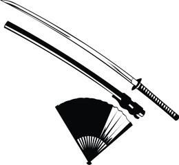Cartoon Black and White Isolated Illustration Vector Of A Samurai Sword Next to Sword Sheath And Paper Fan