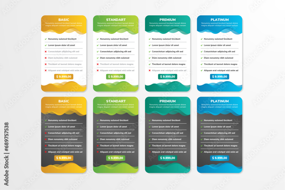 Poster price table wave rectanglepricing table list with colorful gradient with wave elements, plan list op