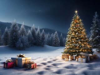 Fototapeta na wymiar Celebrating winter's beauty with a decorated Christmas tree in snowy landscape.