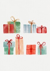  Bright digital watercolor illustration set  featuring colorful gift boxes. Perfect for festive projects and decor, appealing to a broad international audience