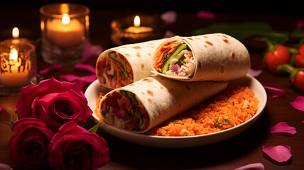 Tortilla wrap with vegetables and rice on dark background. Selective focus.generativa IA