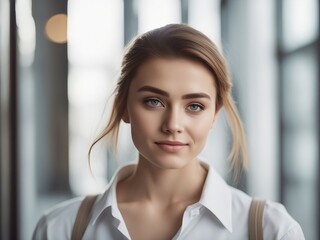 Fototapeta premium portrait of a young university student girl, blurry bright background