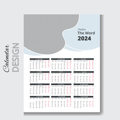 Wall Calendar 2024 Template Design Vector File ,Simple calendar layout or Yearly diary Organizer in English. 