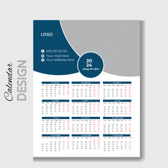 Wall Calendar 2024 Template Design Vector File ,Simple calendar layout or Yearly diary Organizer in English. 