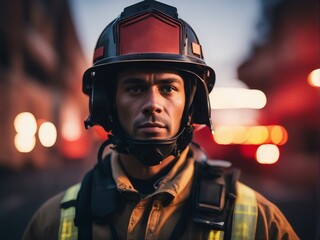 portrait of firefighter, isolated white and blurry background

