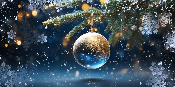 Christmas background with fir branches, snowflakes and glass ball.