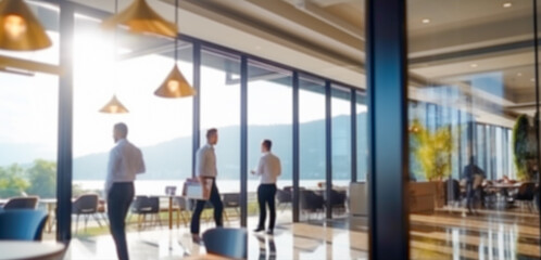 Fototapeta premium Fast Moving Blurred Background of Business People at Work. 