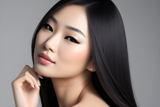 Portrait of a beautiful Asian woman with makeup, dark hair on a blurred background.