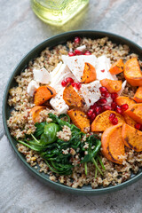 Plate of quinoa salad with feta cheese, roasted sweet potato, wilted spinach and pomegranate seeds, vertical shot, middle close-up