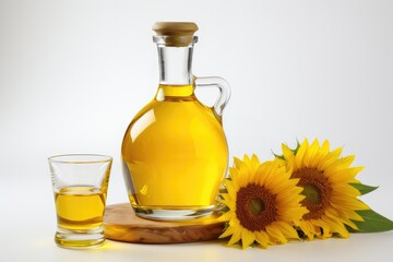Sunflowers, sunflower oil in a decanter and glass, isolated on a white background.