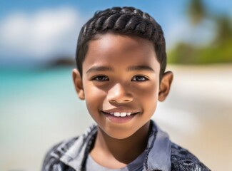 African brunette boy smiling on paradise island beach, face closeup, joy expression. Summer travel concept