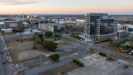 Aerial view of downtown Wilmington during sunrise.