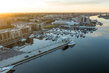 Aerial view of a marina on the Cape Fear River with Wilmington, North Carolina on the left during...