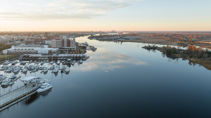 Aerial view of the Cape Fear River with Wilmington, North Carolina on the left during sunrise.