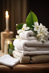 Spa, beauty treatment and wellness background with orchid flowers, towels and candles.