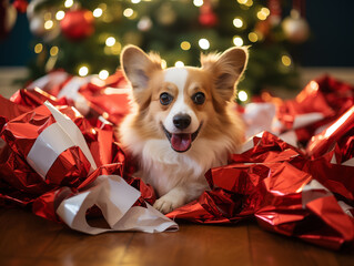 Cute Corgi Puppy Playing in Holiday Wrapping Paper at Christmas