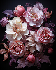 flowers on black, flowers on a black background, pink and white roses, Vintage floral posters, and Beautiful garden flowers. Peonies, roses, tulips, lily, hydrangea on black background, generative ai