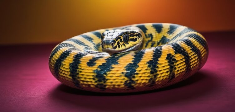  a close up of a snake's head on top of a purple surface with a yellow and black stripe.