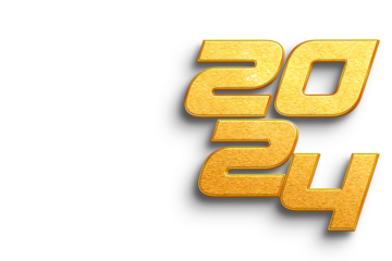 Realistic 2024 Golden Numbers and Festive Decorations on a White Background, Illustrating a Holiday Theme. Wishing You a Happy New Year 2024!