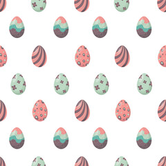 Seamless pattern with colored Easter eggs on a light background. Print for kitchen textiles, wrapping paper. Vector illustration