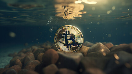A Bitcoin coin partially submerged in water, illustrating the concept of cryptocurrency facing a downturn