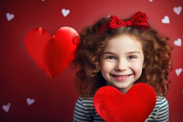 Portrait of a cute little girl with red heart on Valentines day concept.
