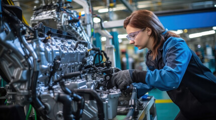 Fototapeta na wymiar Concentrated female engineer meticulously assembles car components in an industrial automotive plant