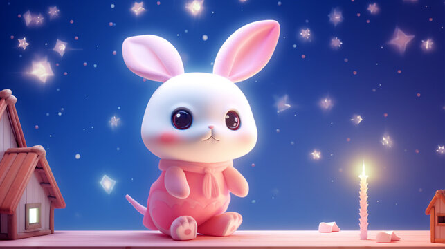 Cute 3d happy bunny with colorful eggs on blue sky and green meadow grass with daisy and mountains background. Adorable rabbit for easter spring holiday design digital art reder