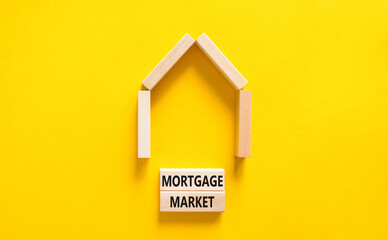 Fototapeta na wymiar Mortgage market symbol. Concept words Mortgage market on beautiful wooden blocks. Beautiful yellow table yellow background. House model. Business mortgage market concept. Copy space.