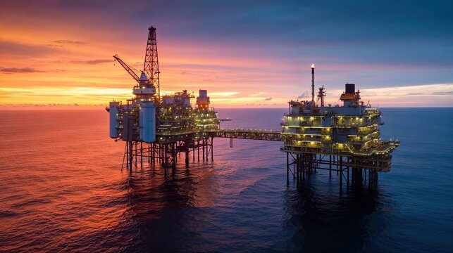 plateforme off-shore d'extraction de p&eacute;trole au couch&eacute; du soleil