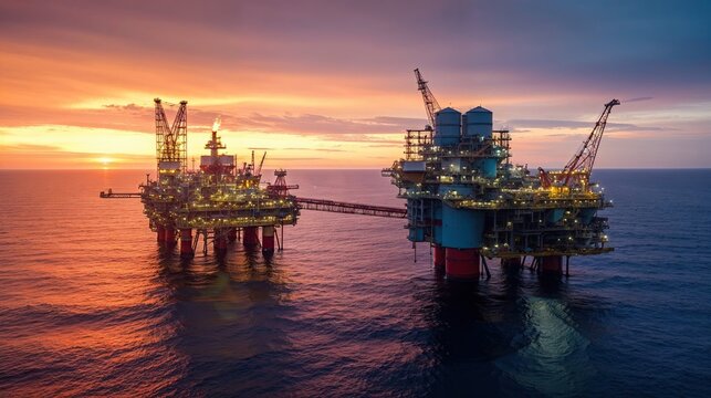 plateforme off-shore d'extraction de p&eacute;trole au couch&eacute; du soleil