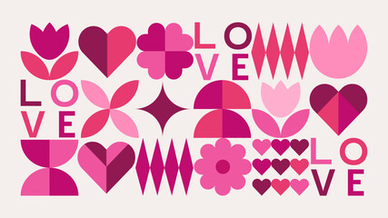 Geometric Valentine's day pattern with simple shapes. Romantic vector background. Love and hearts. Modern abstract design for print, banner, fabric, card, wrapping paper, cover.