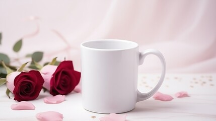 Obraz na płótnie Canvas empty White mug on table with Rose love, mockup