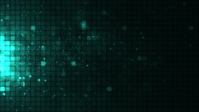 Abstract Bright mosaic. Abstract turquoise LED background with motion dots. Technology digital square color background. Green pixel background. Animation of a geometric design element. 4K animation.