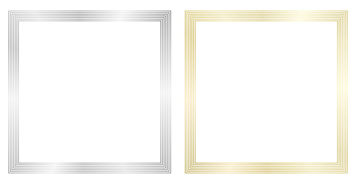 Set of golden and silver metal frames isolated on white. Vector frame for text, photo, certificate, pictures, diploma, card, invitation. Square luxury frames