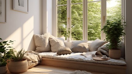 Window seat bathed in natural light, adorned with cushions and throws, creating a cozy nook in a contemporary bedroom