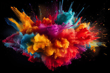 Fototapeta na wymiar Beautiful powder explosion in all directions with vivid colors and black background. Paint holi, Colorful rainbow holi paint splash. Generation Ai