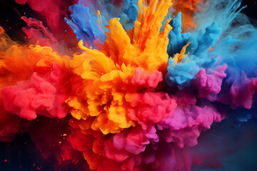 Obraz premium Beautiful powder explosion in all directions with vivid colors and black background. Paint holi, Colorful rainbow holi paint splash. Generation Ai