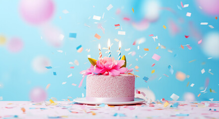 A pastel pink birthday cake with lit candles, flowers and confetti on a light blue blurred background with balloons.