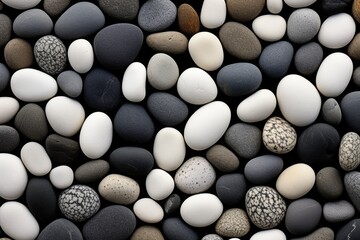 Fototapeta na wymiar A pile of black and white rocks and pebbles. Can be used as a background or texture for various projects
