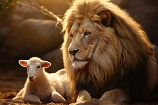 A lion and a lamb peacefully lying side by side. This image can be used to symbolize peace, harmony, and unity