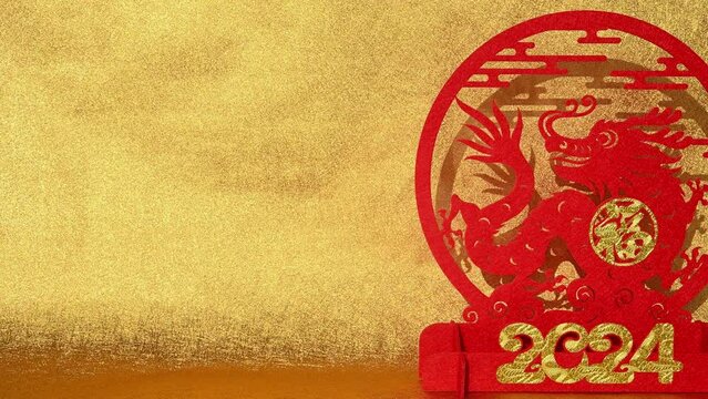 pan view Chinese New Year of Dragon 2024 mascot paper cut on gold background at horizontal English translation of the Chinese word is fortune and no logo no trademark