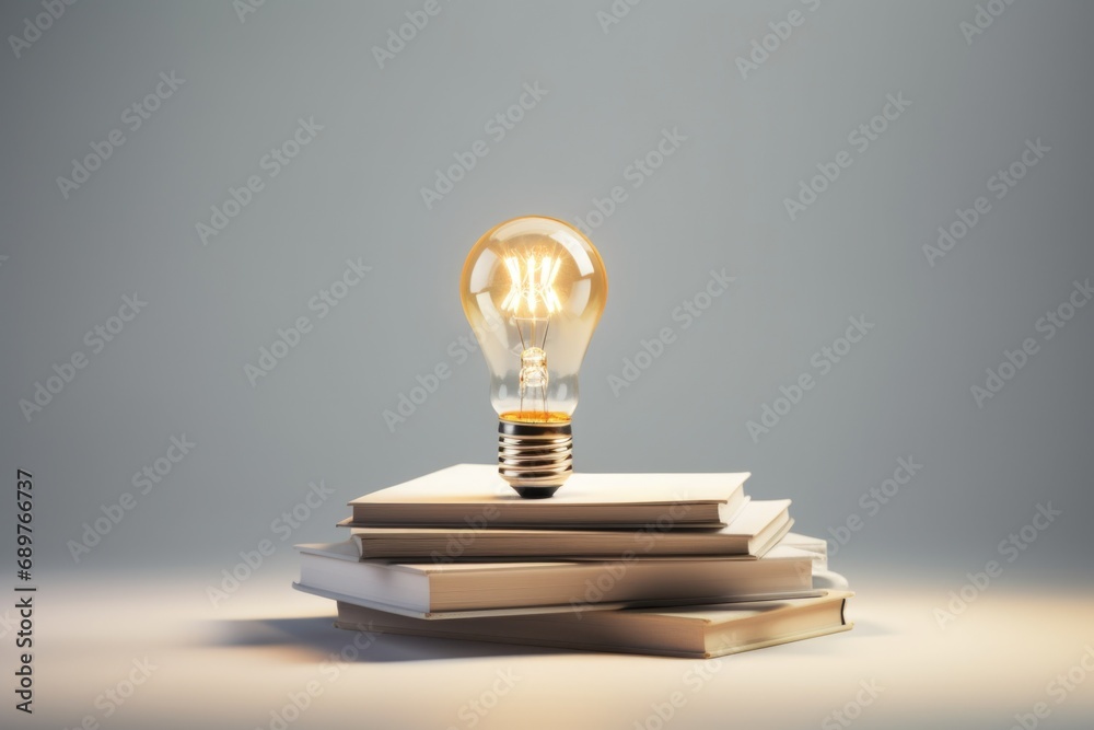 Poster a light bulb sitting on top of a stack of books. perfect for educational or creative concepts