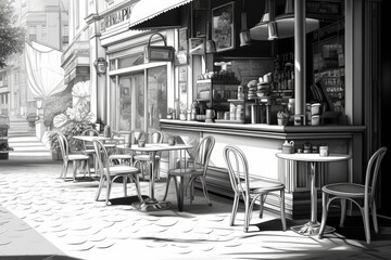 A black and white photo of a cafe. Suitable for various design projects