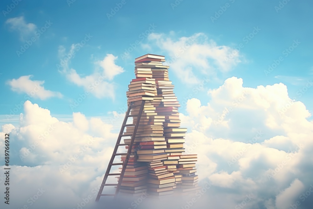 Poster A stack of books placed on top of a ladder. Can be used to represent education, knowledge, or reaching new heights